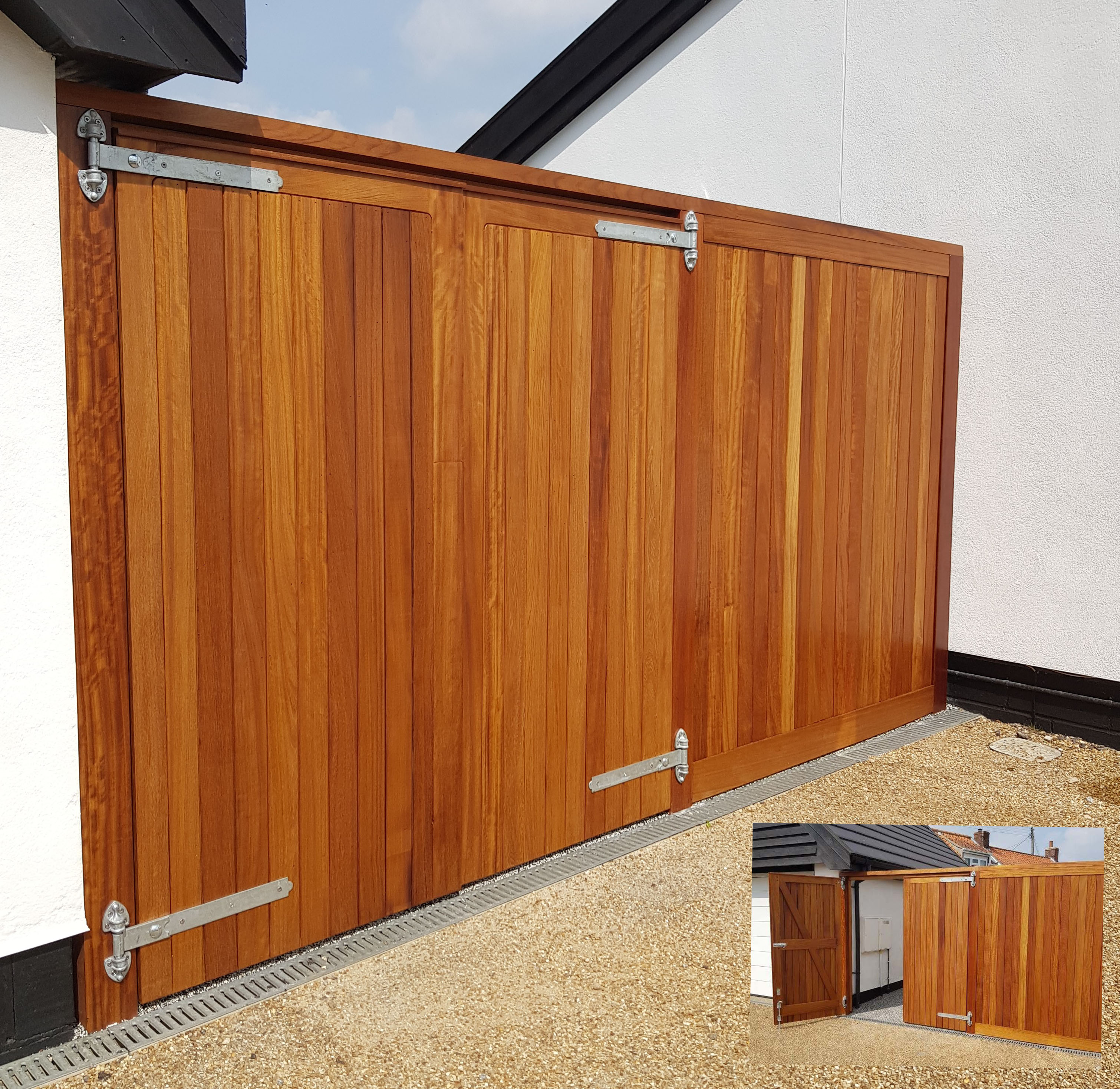 Blyth gate and side panel with header rail all in Iroko
